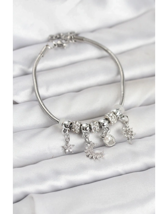 Pirinç Gümüş Renk Ay Charm Model Charmlı Kadın Bileklik