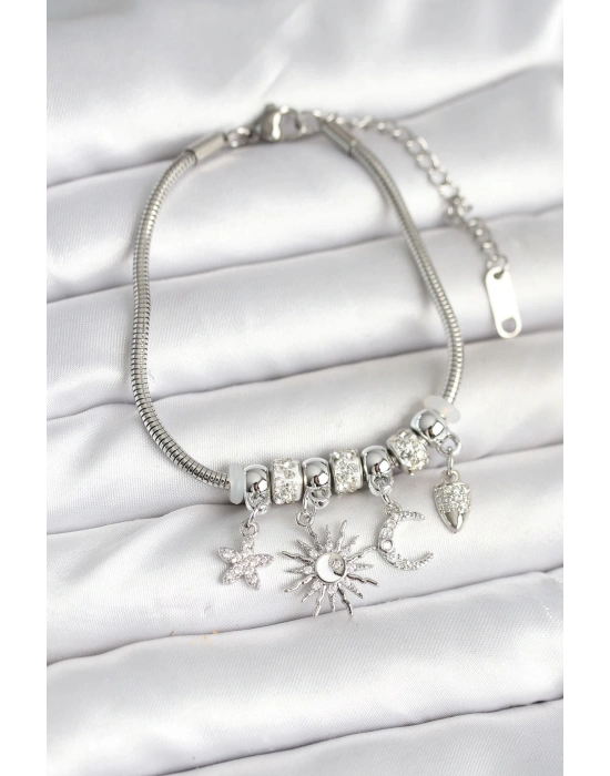 Pirinç Gümüş Renk Ay ve Güneş Charmlı Kadın Bileklik