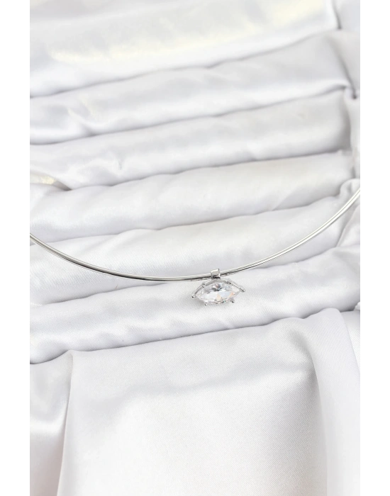 Pirinç Gümüş Renk Choker Model Zirkon Taşlı Kadın Kolye