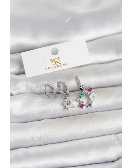 Pirinç Gümüş Renk Çiçek Model 3lü Kadın Küpe