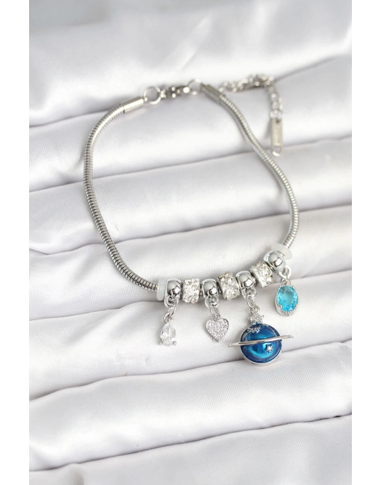 Pirinç Gümüş Renk Dünya Charmlı Kadın Bileklik