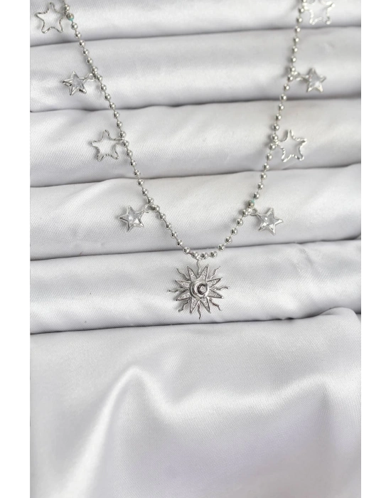 Pirinç Gümüş Renk Güneş Model Kadın Kolye