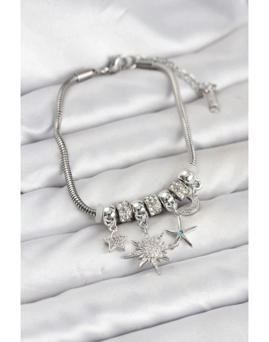 Pirinç Gümüş Renk Güneş Tema Charmlı Kadın Bileklik