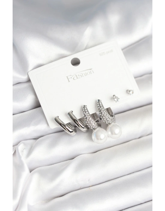 Pirinç Gümüş Renk İncili 925 Ayar Gümüş Çivi Kadın Küpe Seti