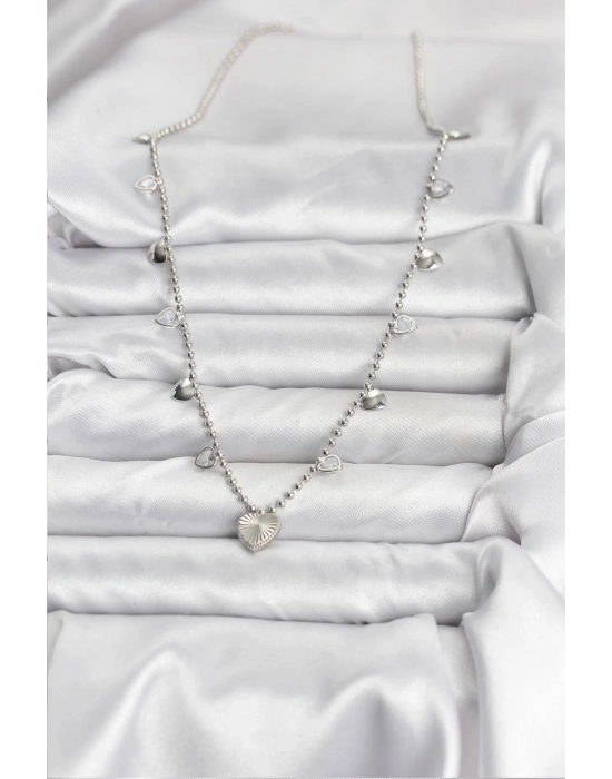 Pirinç Gümüş Renk Kalp Model Kadın Kolye