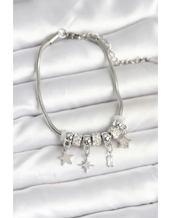 Pirinç Gümüş Renk Kutup Yıldızı Charmlı Kadın Bileklik