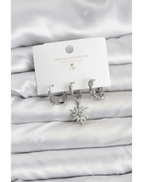 Pirinç Gümüş Renk Kutup Yıldızı Model 3lü Kadın Küpe Seti