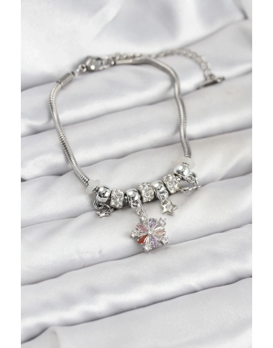 Pirinç Gümüş Renk Renkli Yıldız Charmlı Kadın Bileklik