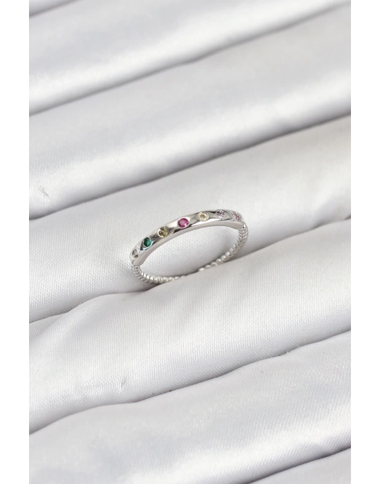 Pirinç Gümüş Renk Renkli Zirkon Taşlı Kadın Yüzük