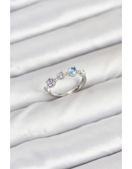 Pirinç Gümüş Renk Renkli Zirkon Taşlı Kadın Yüzük