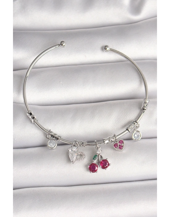 Pirinç Gümüş Renk Sallantı Kiraz Figür Kalp Detay Charm Kadın Bileklik