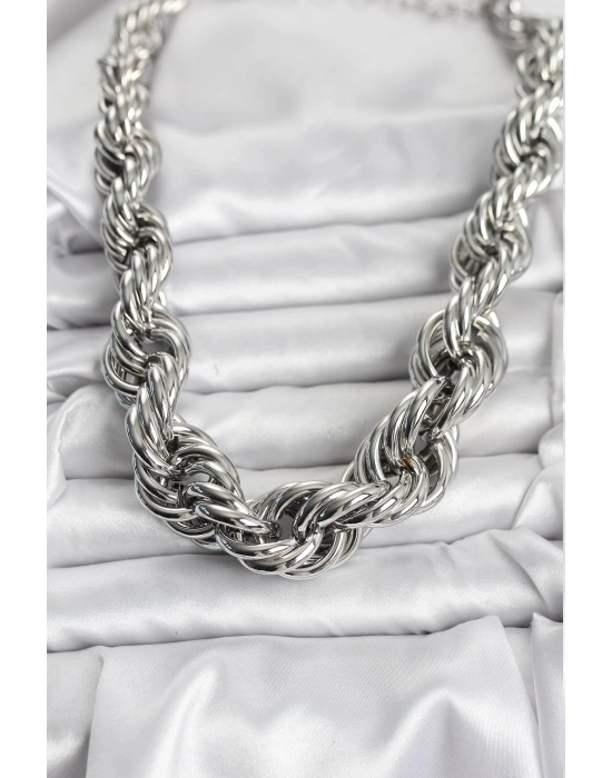 Pirinç Gümüş Renk Sarmal Halat Model Kadın Kolye