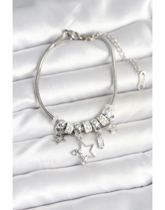 Pirinç Gümüş Renk Yıldız Charmlı Kadın Bileklik