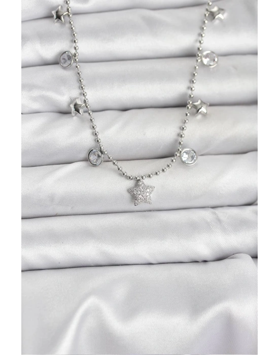 Pirinç Gümüş Renk Yıldız Model Kadın Kolye