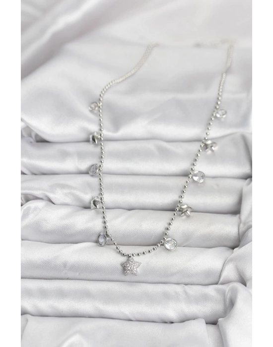 Pirinç Gümüş Renk Yıldız Model Kadın Kolye