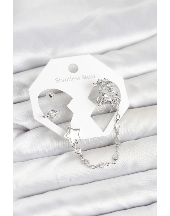 Pirinç Gümüş Renk Yıldız Model Zincir Bağlantılı Ear Cuff Küpe Seti