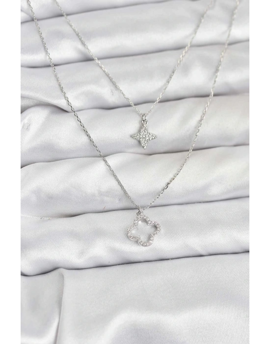 Pirinç Gümüş Renk Yonca Model 2li Kadın Kolye