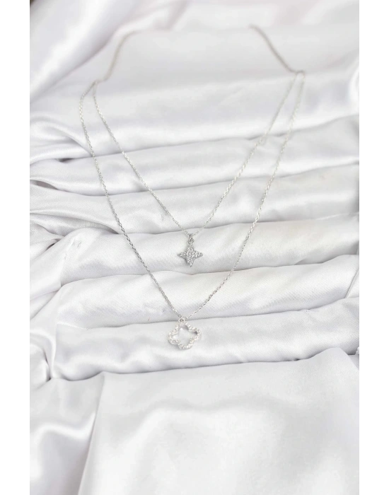 Pirinç Gümüş Renk Yonca Model 2li Kadın Kolye