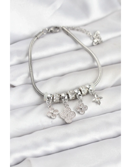 Pirinç Gümüş Renk Yonca Model Kadın Bileklik