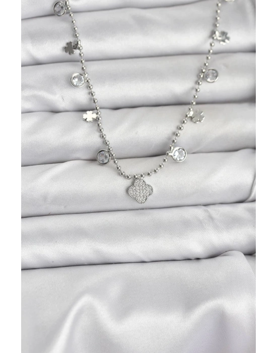 Pirinç Gümüş Renk Yonca Model Kadın Kolye