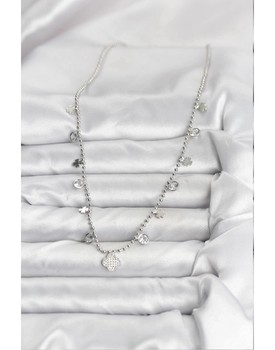 Pirinç Gümüş Renk Yonca Model Kadın Kolye