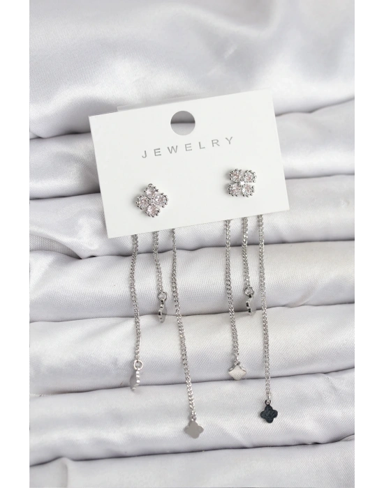 Pirinç Gümüş Renk Yonca Model Sallantılı Kadın Küpe