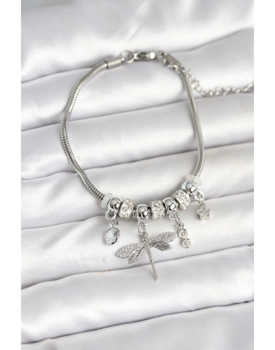 Pirinç Gümüş Renk Yusufçuk Charmlı Kadın Bileklik