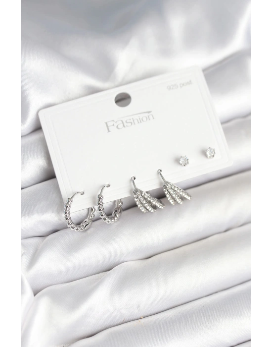 Pirinç Gümüş Renk Zirkon Taşlı 925 Gümüş Çivili Kadın Küpe Seti