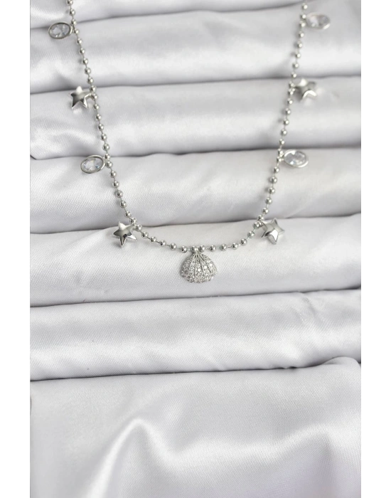 Pirinç Gümüş Renk Zirkon Taşlı Deniz Kabuğu Model Kadın Kolye