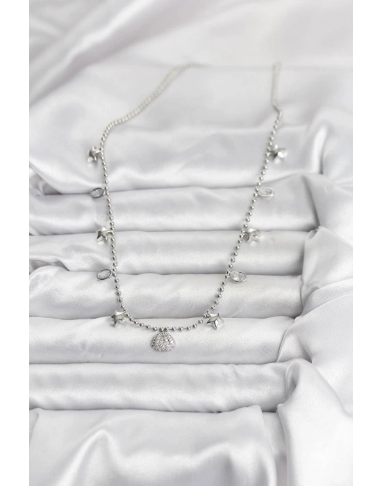 Pirinç Gümüş Renk Zirkon Taşlı Deniz Kabuğu Model Kadın Kolye