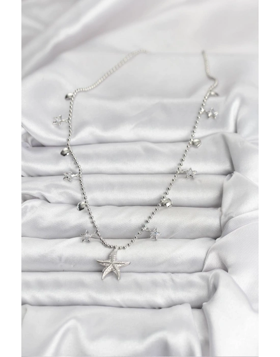 Pirinç Gümüş Renk Zirkon Taşlı Deniz Yıldızı Model Kadın Kolye