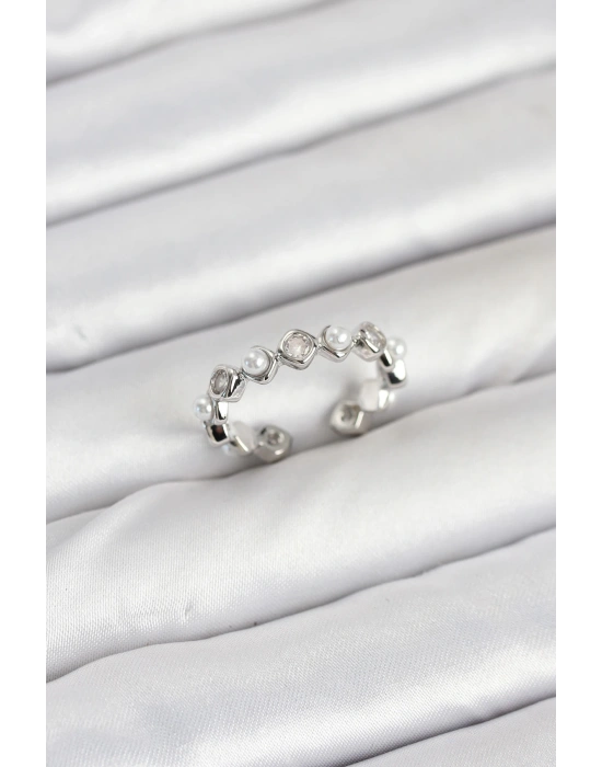 Pirinç Gümüş Renk Zirkon Taşlı İncili Kadın Yüzük