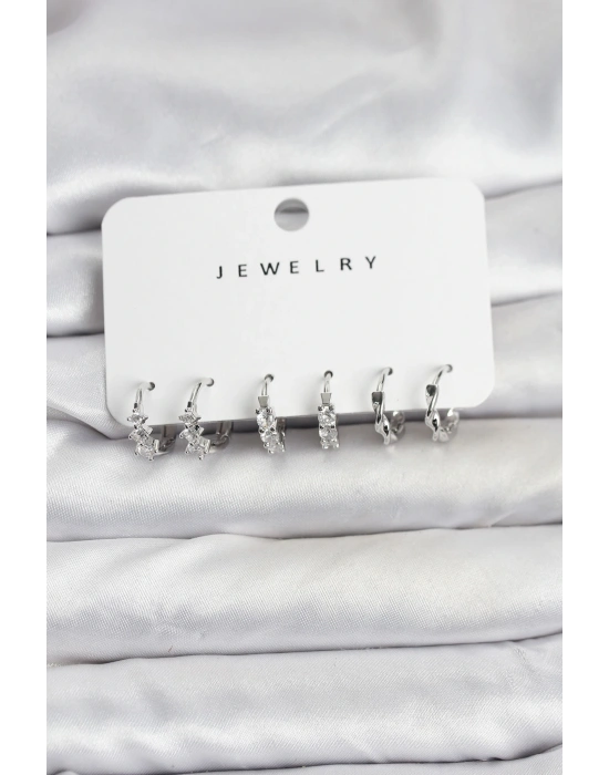 Pirinç Gümüş Renk Zirkon Taşlı Kadın Küpe Seti