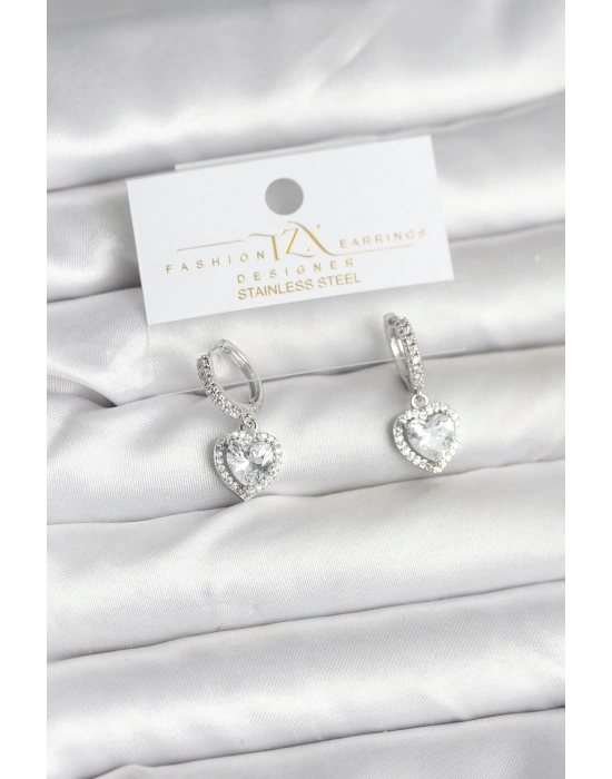 Pirinç Gümüş Renk Zirkon Taşlı Kalp Model Kadın Küpe
