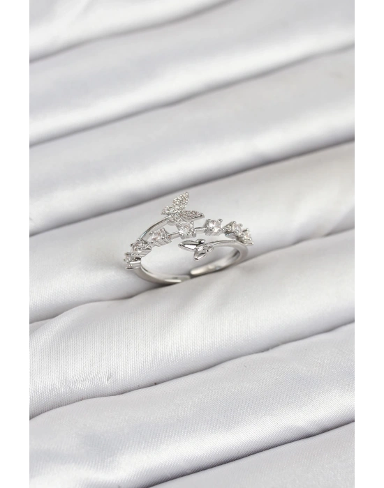 Pirinç Gümüş Renk Zirkon Taşlı Kelebek Model Kadın Yüzük