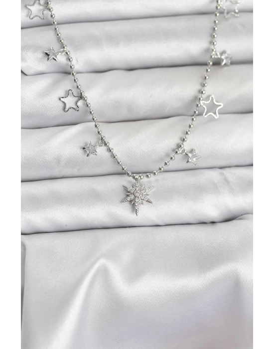 Pirinç Gümüş Renk Zirkon Taşlı Kutup Yıldızı Model Kadın Kolye