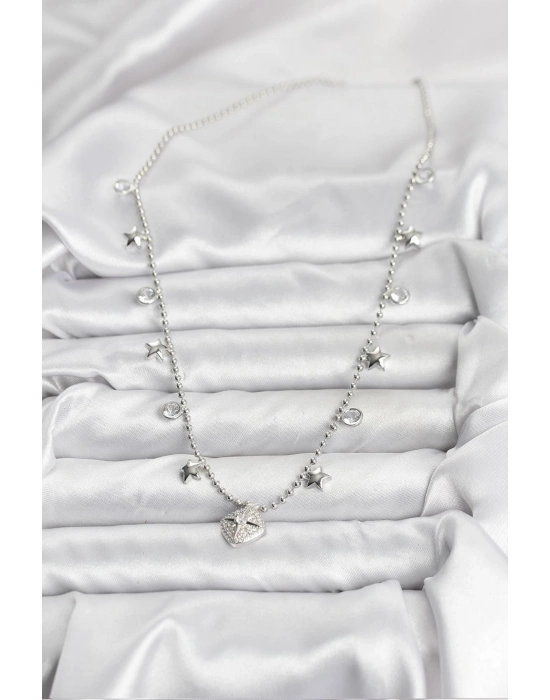 Pirinç Gümüş Renk Zirkon Taşlı Kutup Yıldızı Model Kadın Kolye