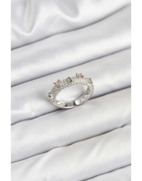 Pirinç Gümüş Renk Zirkon Taşlı Vintage Kadın Yüzük