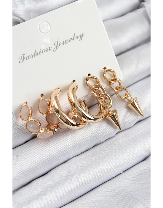 Pirinç Halka Ve Zincir Model Gold Renk Kadın Set Küpe