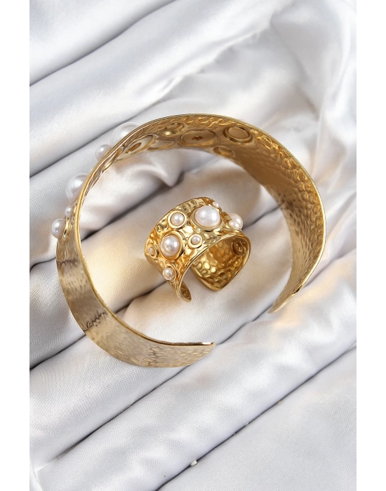 Pirinç İncili Model Gold Renk Bileklik Yüzük Set