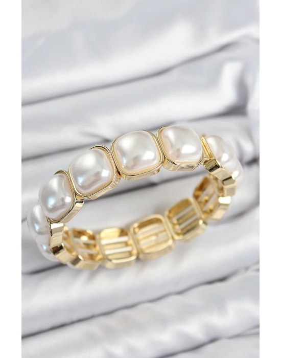 Pirinç Kare İnci Model Gold Renk Lastikli Kadın Bileklik