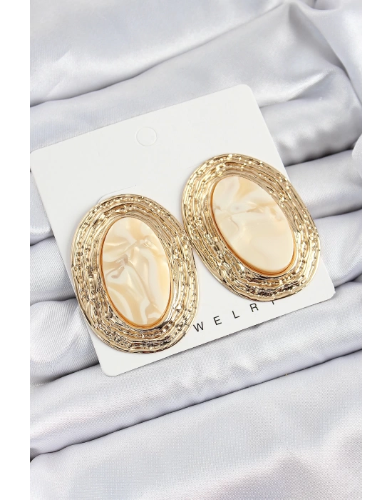 Pirinç Mermer Desenlli Bej Sedef Oval Vintage Model Gold Renk Kadın Küpe