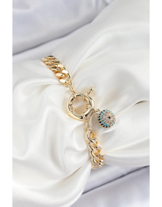 Pirinç Nazar Model Zirkon Taşlı Gold Renk VİP Seri Kadın Bileklik