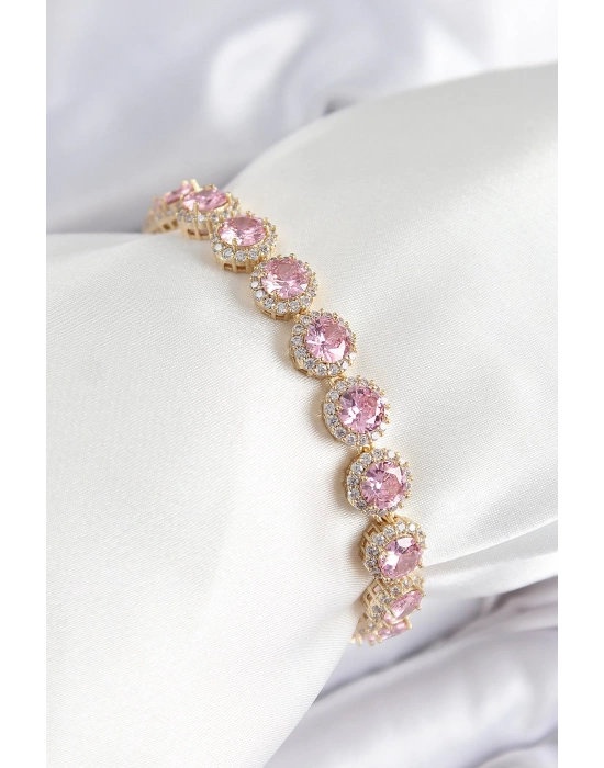 Pirinç Pembe Zirkon Taşlı Daire Baget Model Gold Renk VIP Seri Kadın Bileklik