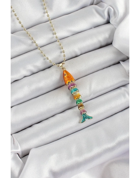 Pirinç Rainbow Balık Model Zirkon Taşlı Gold Renk Kadın Kolye