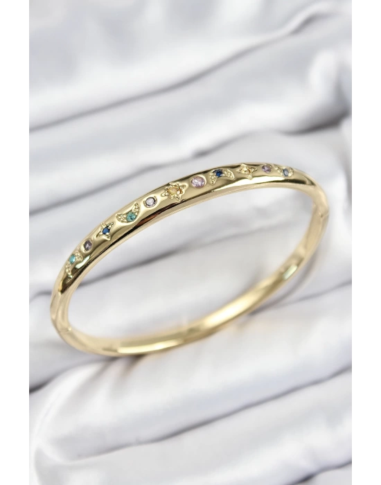 Pirinç Renkli Zirkon Taşlı Kutup Yıldızı Ve Hilal Model Gold Renk Kadın Kelepçe
