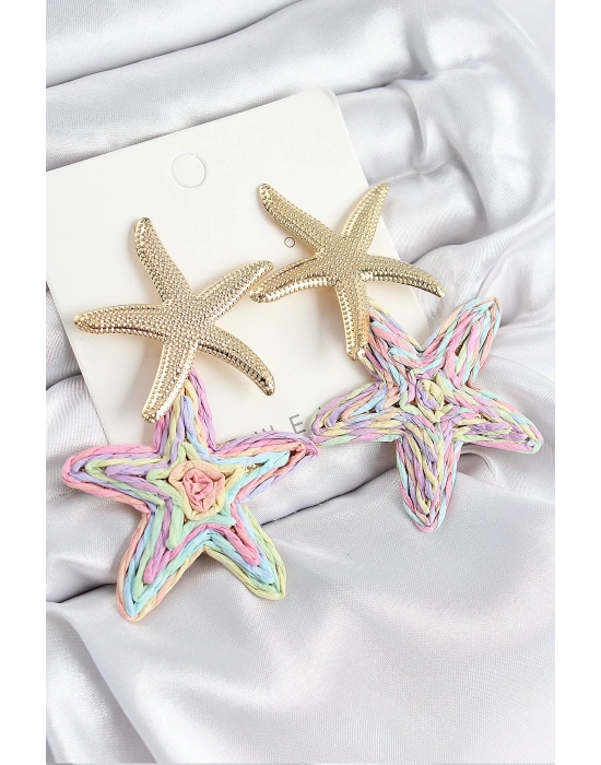Pirinç Sallantılı Rainbow Deniz Yıldızı Model Gold Renk Hasır Küpe