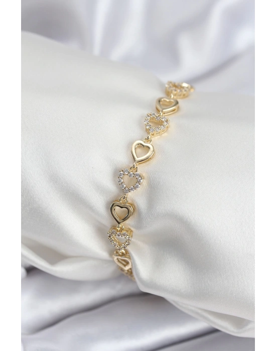 Pirinç VIP Seri Gold Renk Sıralı Kalp Model Kadın Bileklik
