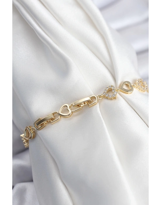 Pirinç VIP Seri Gold Renk Sıralı Kalp Model Kadın Bileklik