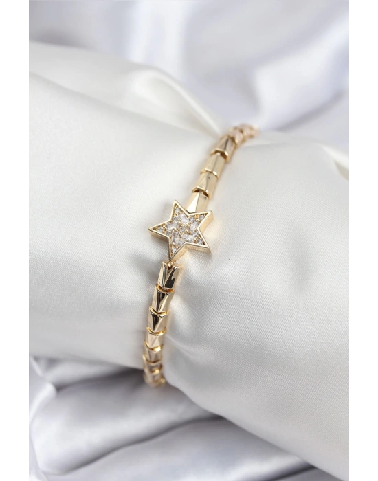 Pirinç VIP Seri Gold Renk Zirkon Taşlı Yıldız Model Kadın Bileklik